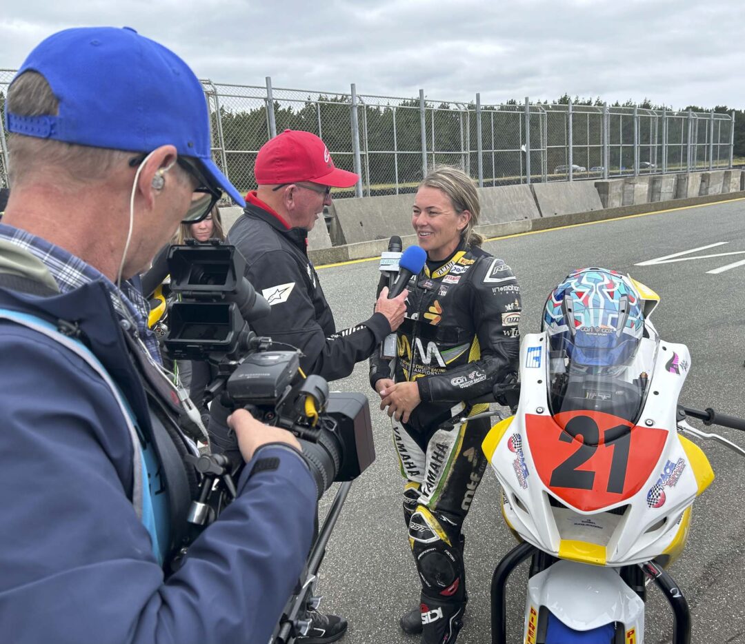 Avalon Biddle being interviewed for NZ super bike championship